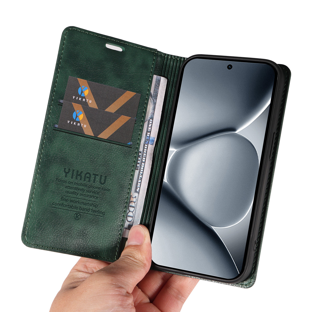 For Xiaomi Poco M8 Pro 5G / Redmi Note 15 Pro+ 5G (Global) Wallet Case YIKATU YK-006 Magnetic Closure Leather Phone Cover Litchi Texture -  Green
