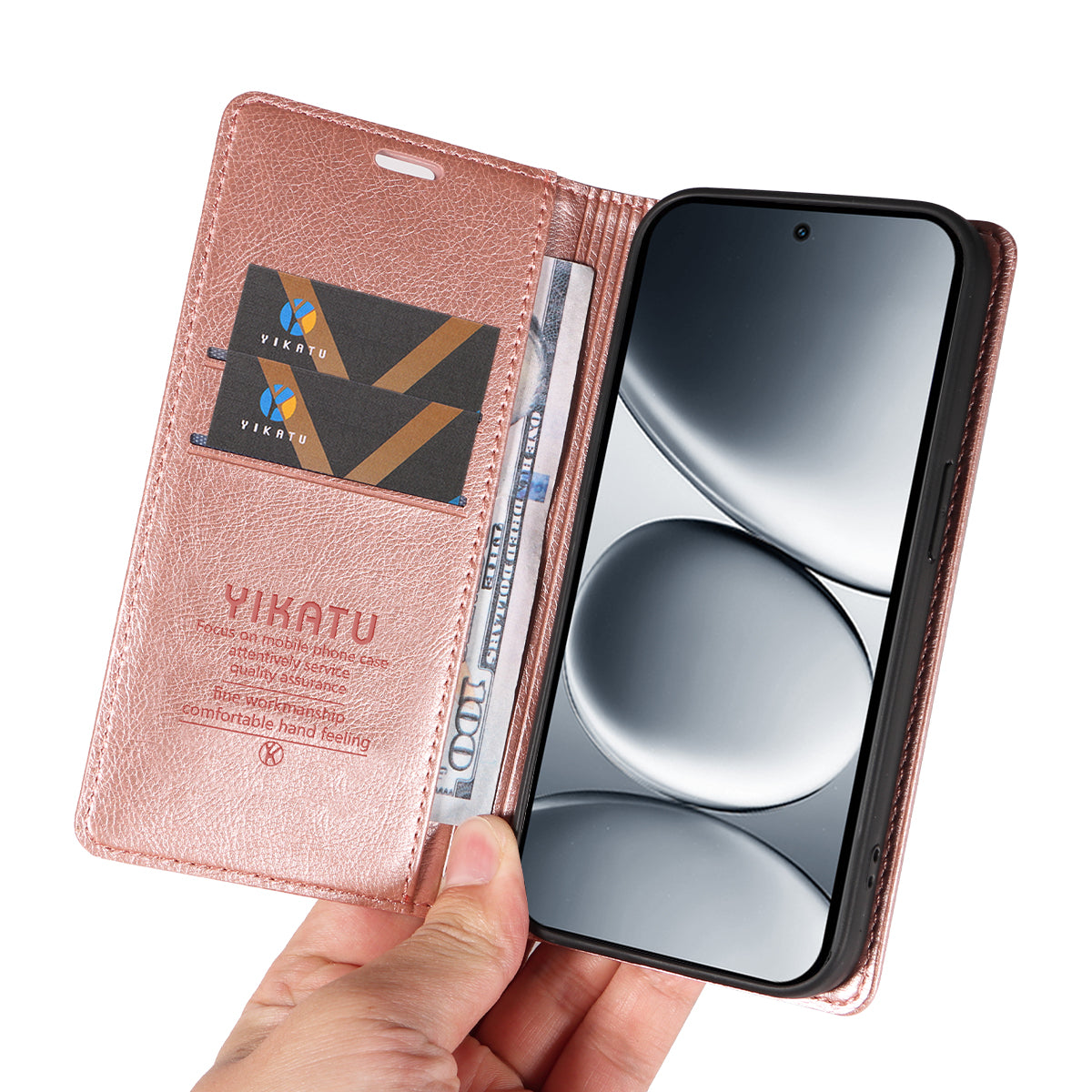 For Xiaomi Redmi Note 15 Pro 5G (Global) Wallet Case YIKATU YK-006 Magnetic Closure Leather Phone Cover Litchi Texture - Rose Gold