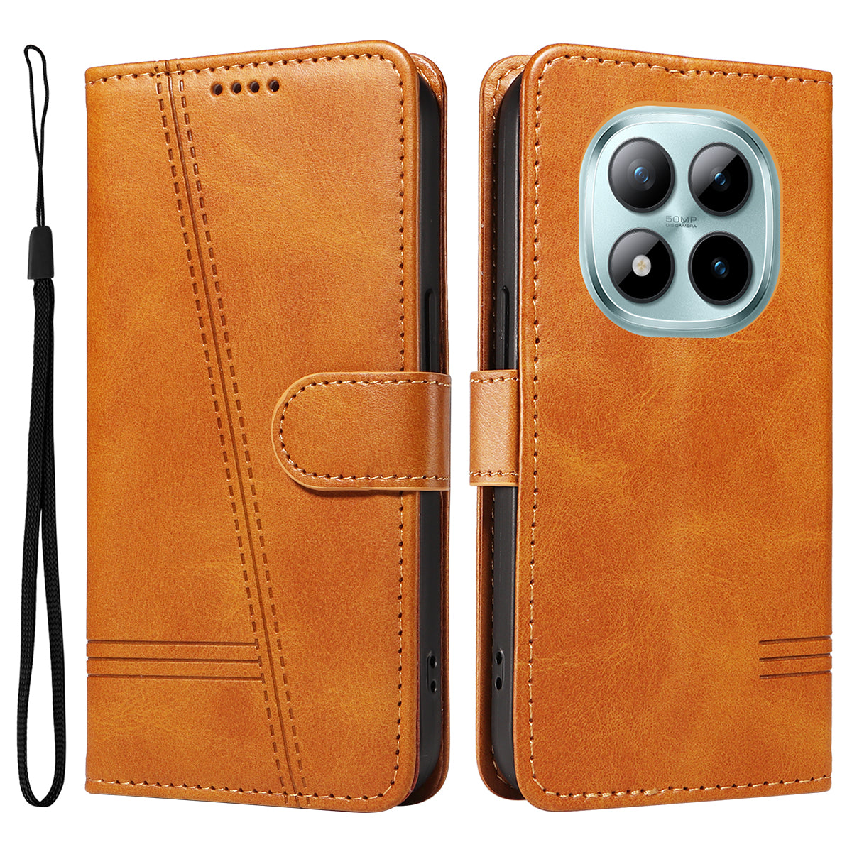 For Xiaomi Poco M8 Pro 5G / Redmi Note 15 Pro+ 5G (Global) Wallet Case T-Shape Lines Leather Phone Cover Stand - Brown