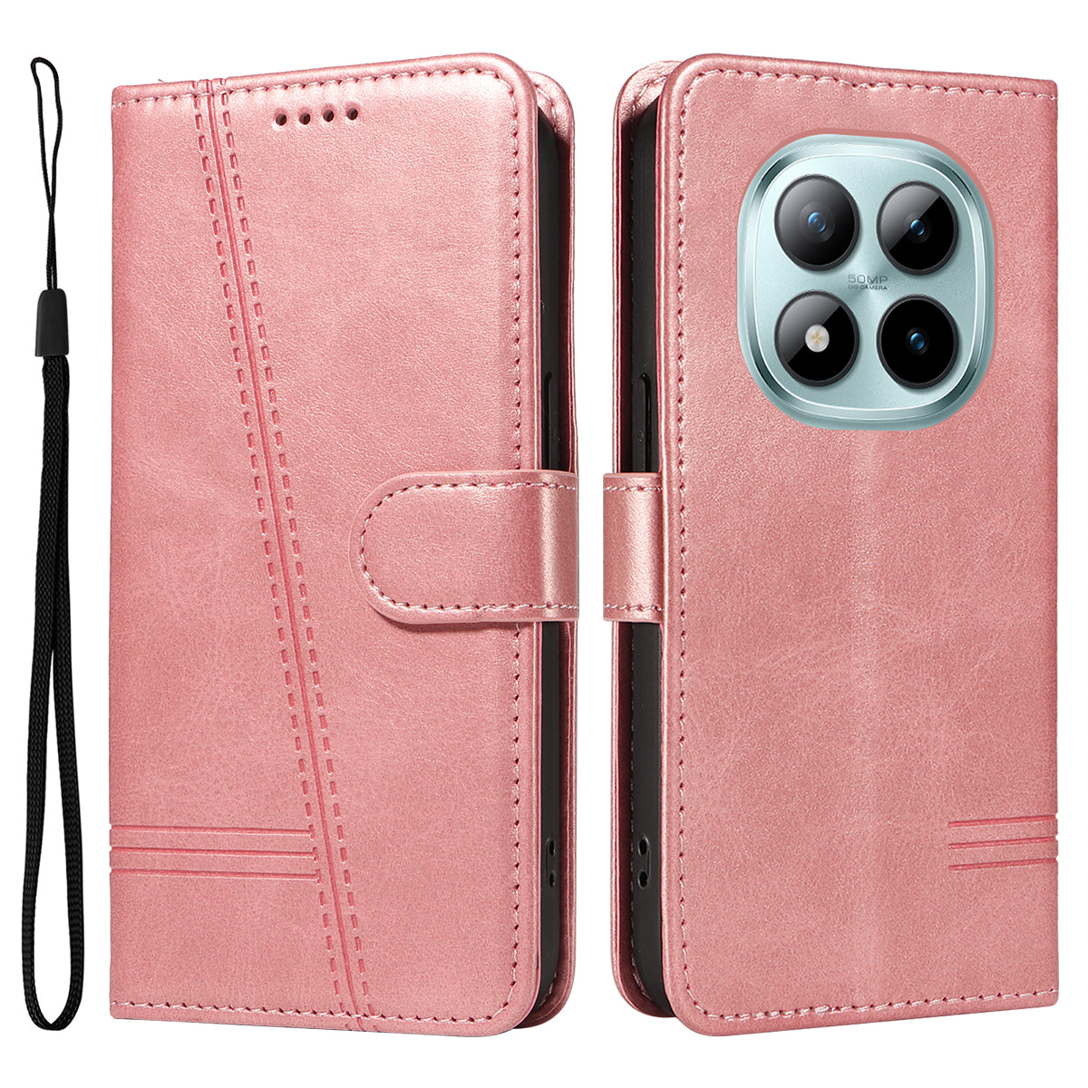 For Xiaomi Poco M8 Pro 5G / Redmi Note 15 Pro+ 5G (Global) Wallet Case T-Shape Lines Leather Phone Cover Stand - Rose Gold