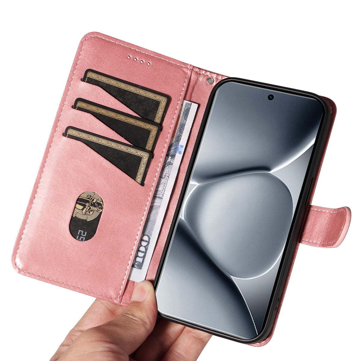 For Xiaomi Poco M8 Pro 5G / Redmi Note 15 Pro+ 5G (Global) Wallet Case T-Shape Lines Leather Phone Cover Stand - Rose Gold