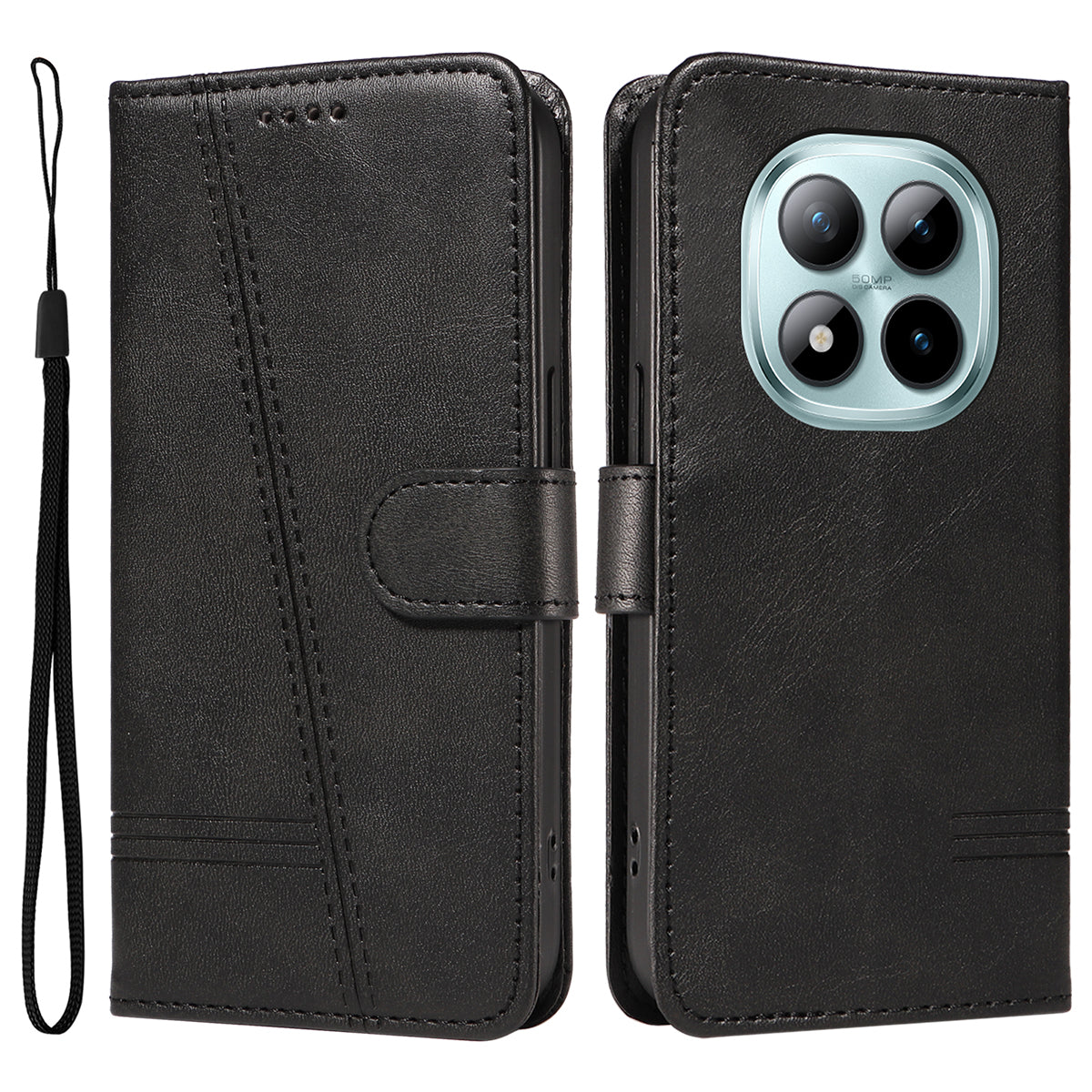 For Xiaomi Poco M8 Pro 5G / Redmi Note 15 Pro+ 5G (Global) Wallet Case T-Shape Lines Leather Phone Cover Stand -  Black