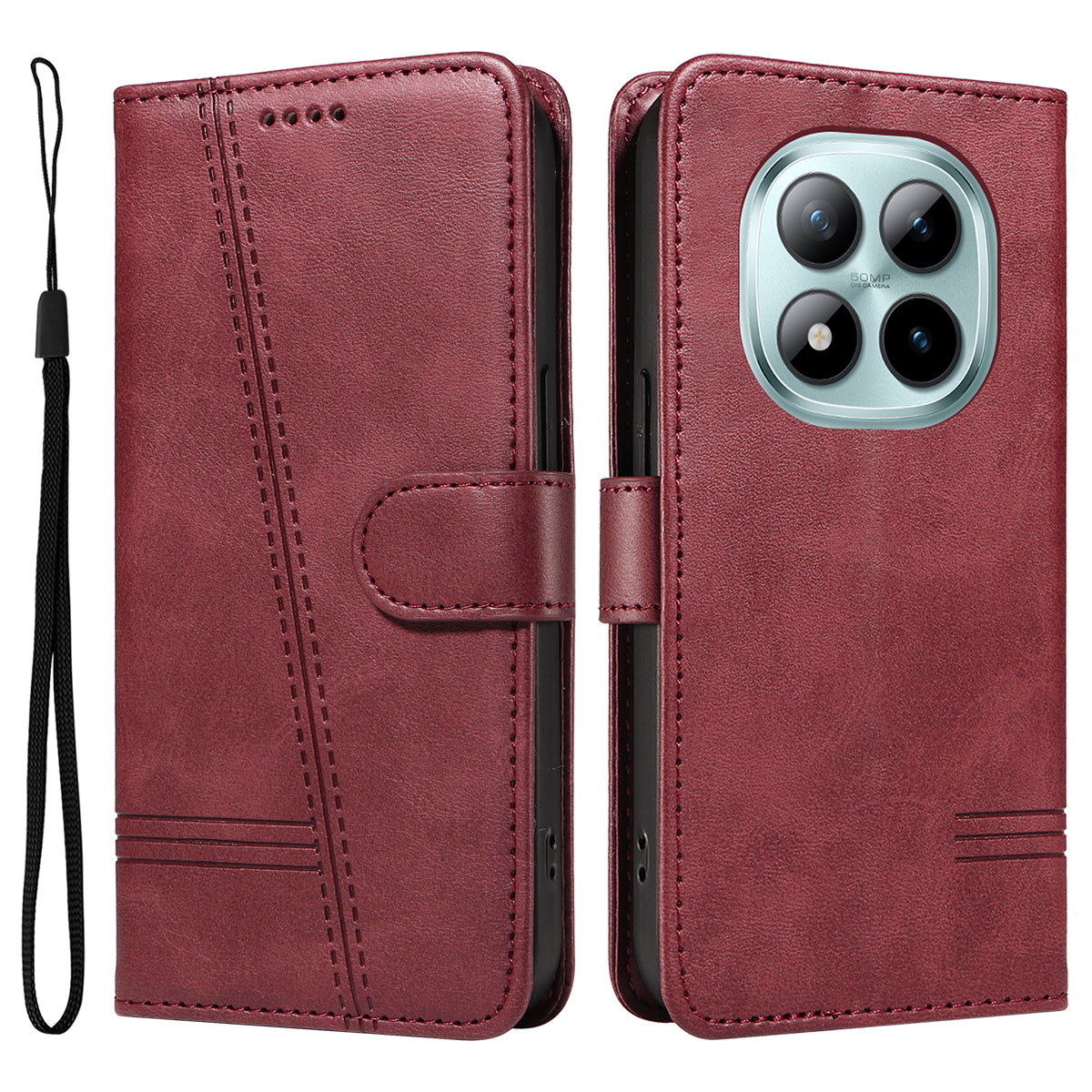 For Xiaomi Poco M8 Pro 5G / Redmi Note 15 Pro+ 5G (Global) Wallet Case T-Shape Lines Leather Phone Cover Stand - Wine Red