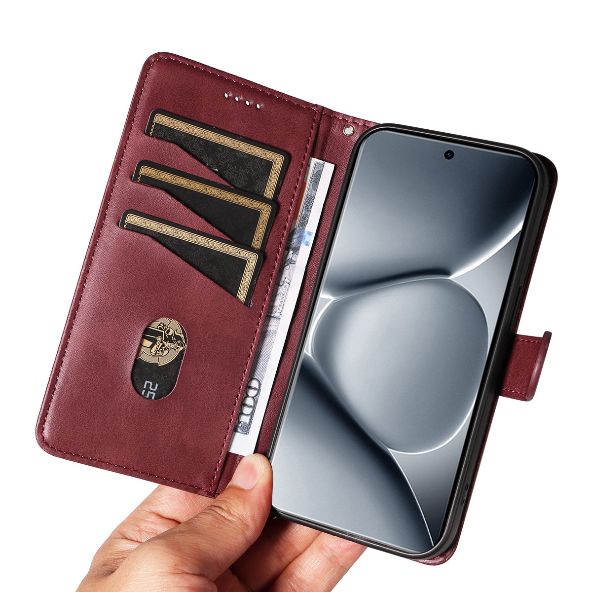 For Xiaomi Poco M8 Pro 5G / Redmi Note 15 Pro+ 5G (Global) Wallet Case T-Shape Lines Leather Phone Cover Stand - Wine Red