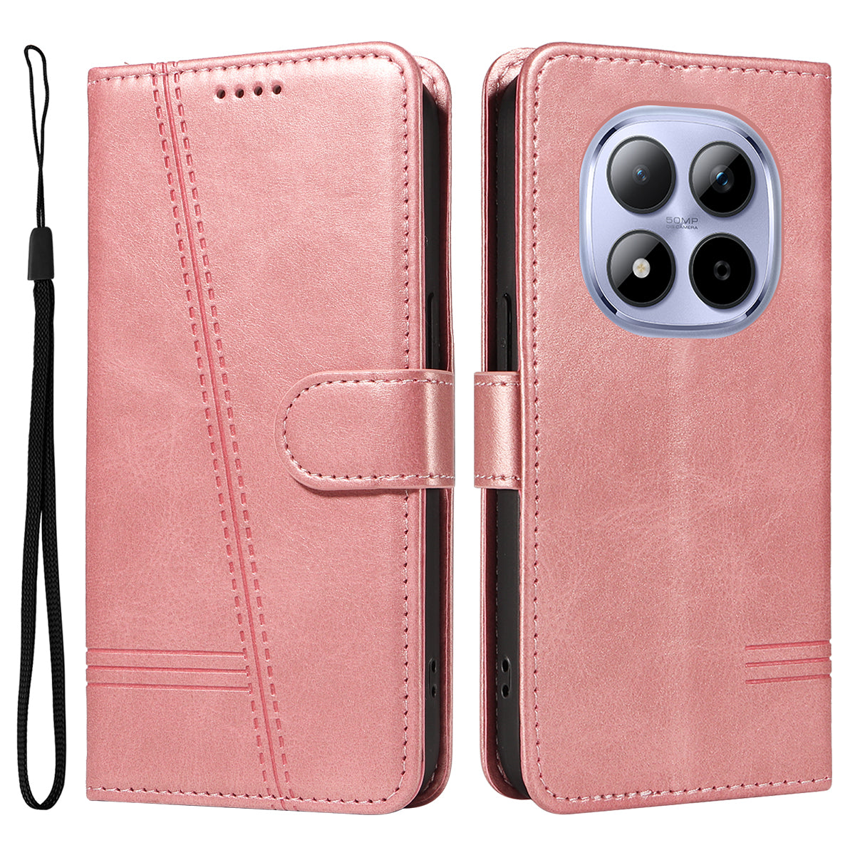 For Xiaomi Redmi Note 15 Pro 5G (Global) Wallet Case T-Shape Lines Leather Phone Cover Stand - Rose Gold