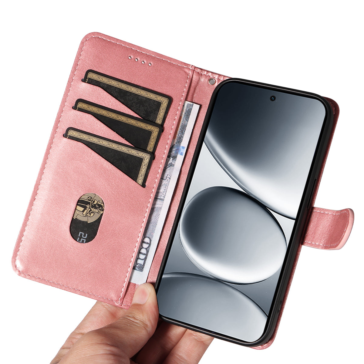 For Xiaomi Redmi Note 15 Pro 5G (Global) Wallet Case T-Shape Lines Leather Phone Cover Stand - Rose Gold