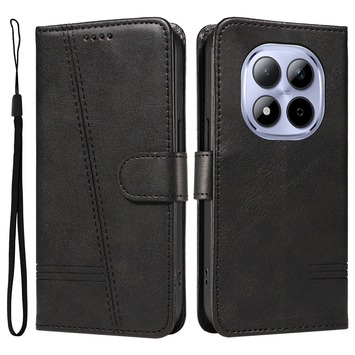 For Xiaomi Redmi Note 15 Pro 5G (Global) Wallet Case T-Shape Lines Leather Phone Cover Stand -  Black