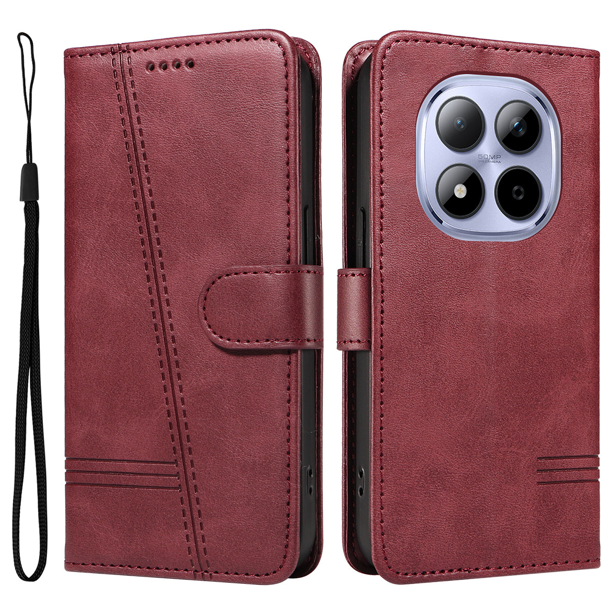 For Xiaomi Redmi Note 15 Pro 5G (Global) Wallet Case T-Shape Lines Leather Phone Cover Stand - Wine Red
