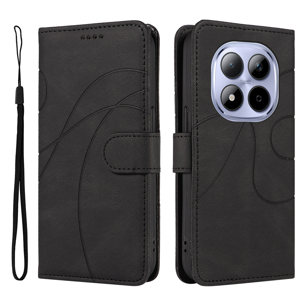 For Xiaomi Redmi Note 15 Pro 5G (Global) Wallet Case Leather Phone Cover Stand with Curved Line Design -  Black