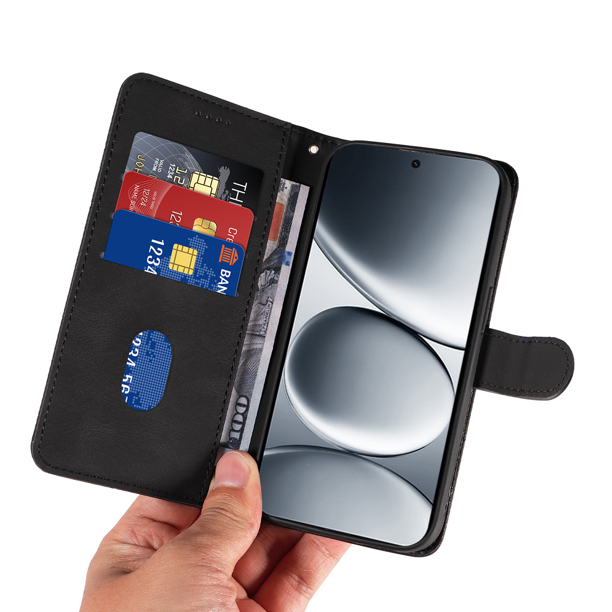 For Xiaomi Redmi Note 15 Pro 5G (Global) Wallet Case Leather Phone Cover Stand with Curved Line Design -  Black