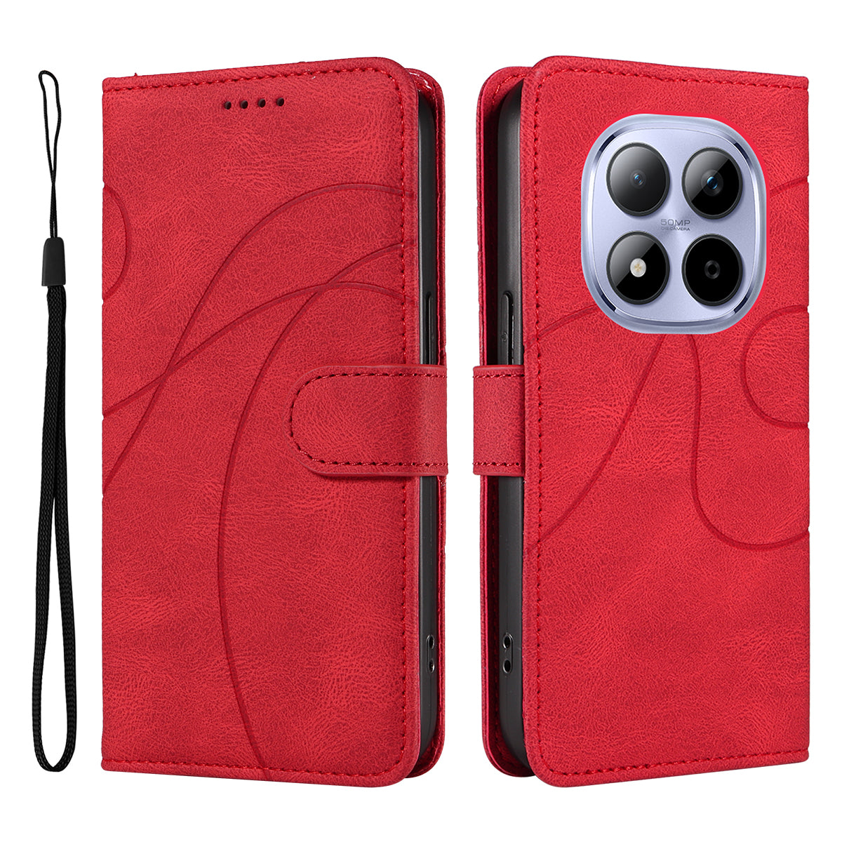 For Xiaomi Redmi Note 15 Pro 5G (Global) Wallet Case Leather Phone Cover Stand with Curved Line Design - Red