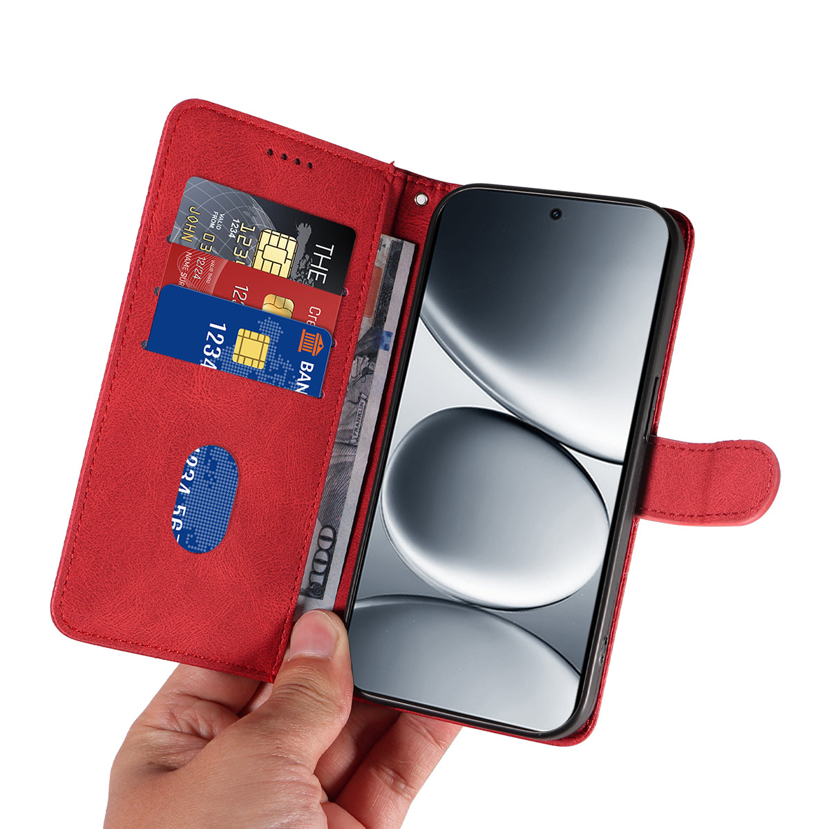 For Xiaomi Redmi Note 15 Pro 5G (Global) Wallet Case Leather Phone Cover Stand with Curved Line Design - Red