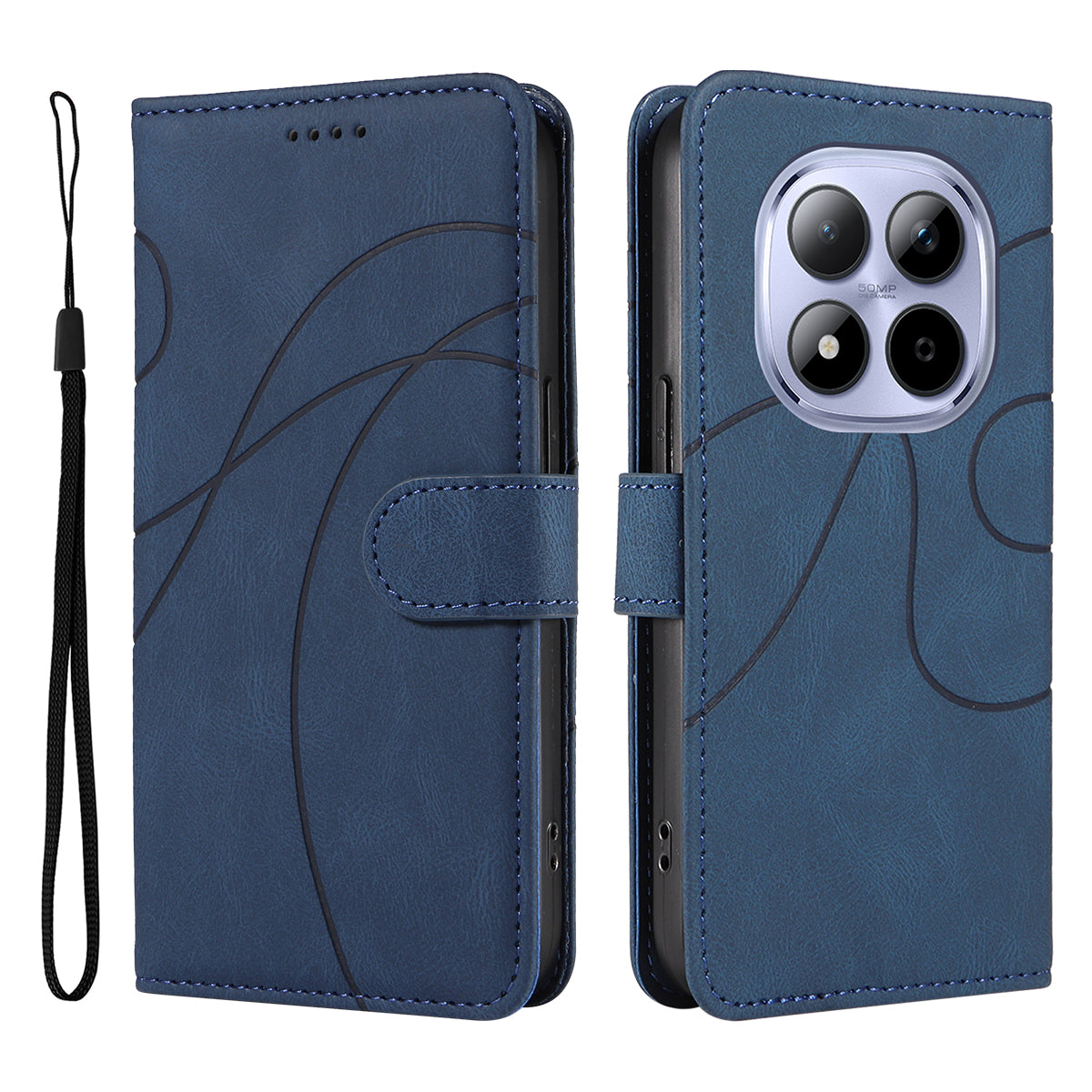 For Xiaomi Redmi Note 15 Pro 5G (Global) Wallet Case Leather Phone Cover Stand with Curved Line Design - Blue