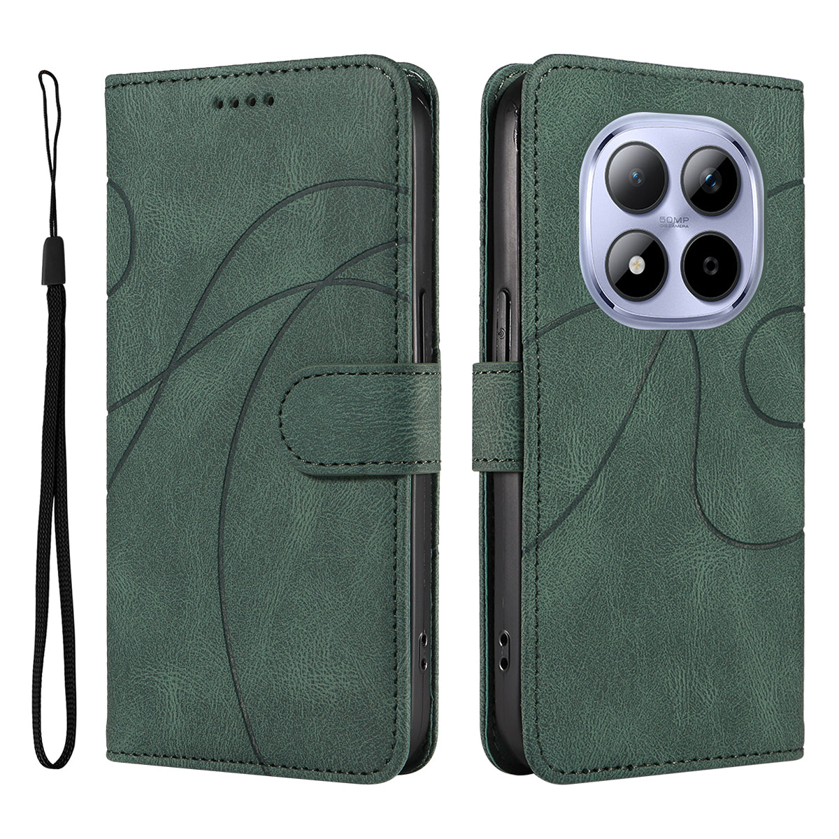 For Xiaomi Redmi Note 15 Pro 5G (Global) Wallet Case Leather Phone Cover Stand with Curved Line Design - Green