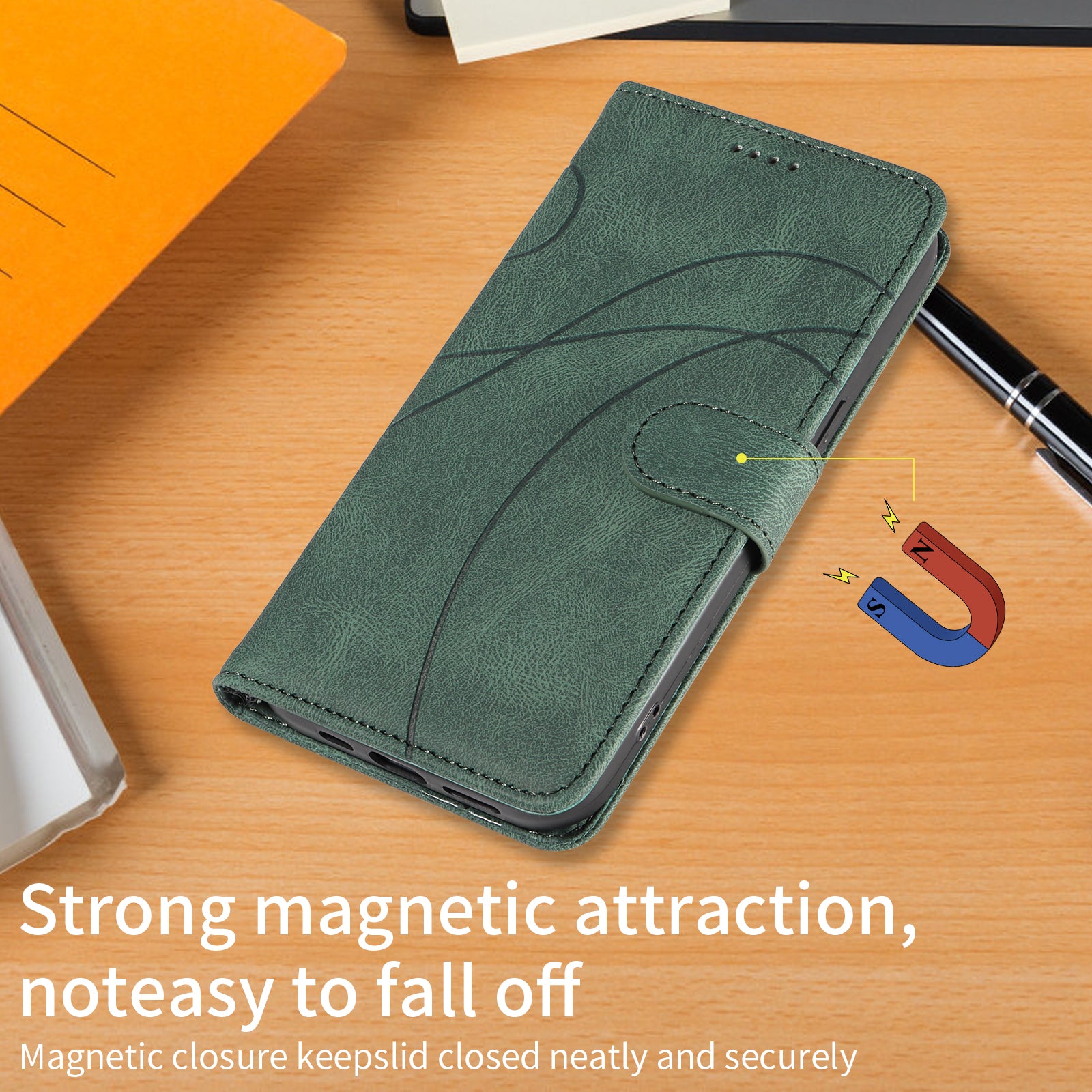 For Xiaomi Redmi Note 15 Pro 5G (Global) Wallet Case Leather Phone Cover Stand with Curved Line Design - Green