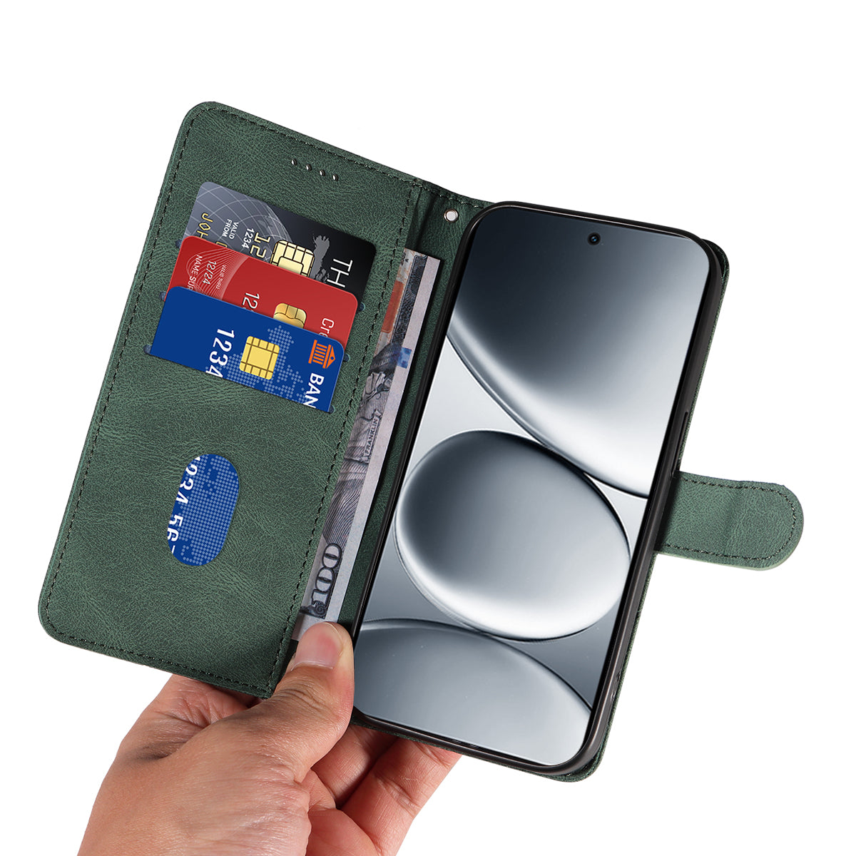 For Xiaomi Redmi Note 15 Pro 5G (Global) Wallet Case Leather Phone Cover Stand with Curved Line Design - Green