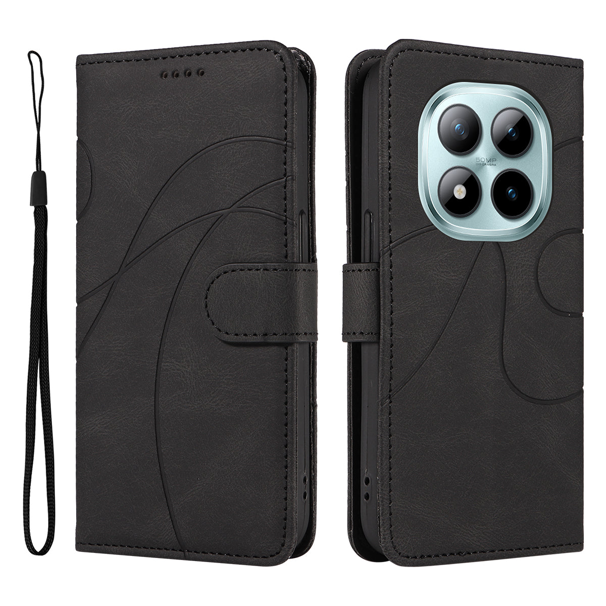 For Xiaomi Poco M8 Pro 5G / Redmi Note 15 Pro+ 5G (Global) Wallet Case Leather Phone Cover Stand with Curved Line Design -  Black