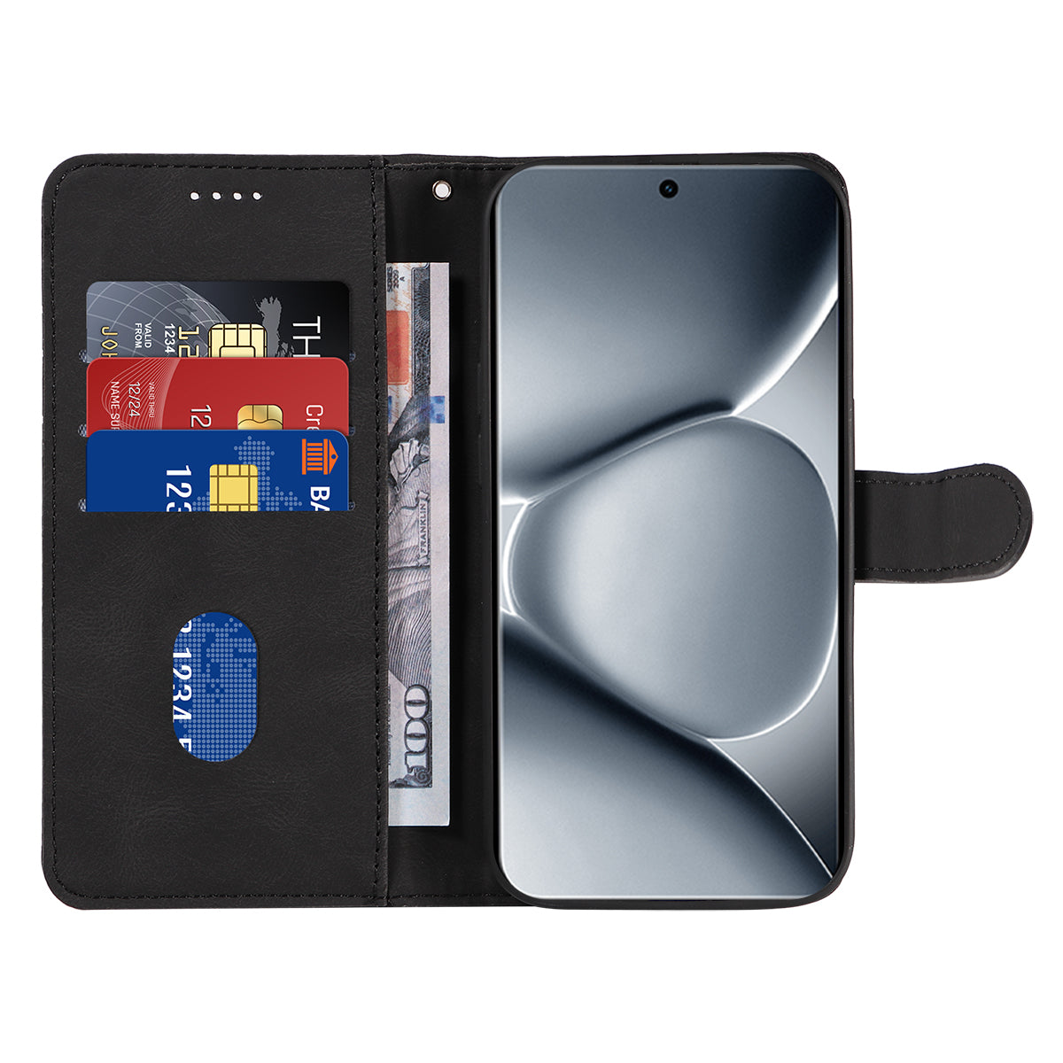 For Xiaomi Poco M8 Pro 5G / Redmi Note 15 Pro+ 5G (Global) Wallet Case Leather Phone Cover Stand with Curved Line Design -  Black
