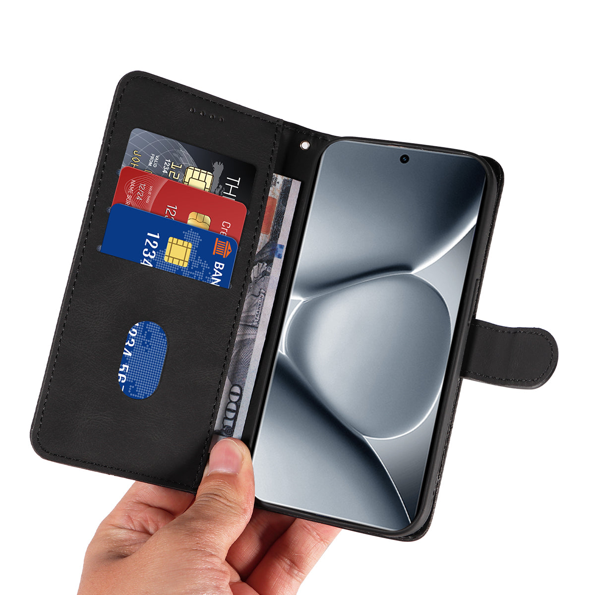 For Xiaomi Poco M8 Pro 5G / Redmi Note 15 Pro+ 5G (Global) Wallet Case Leather Phone Cover Stand with Curved Line Design -  Black