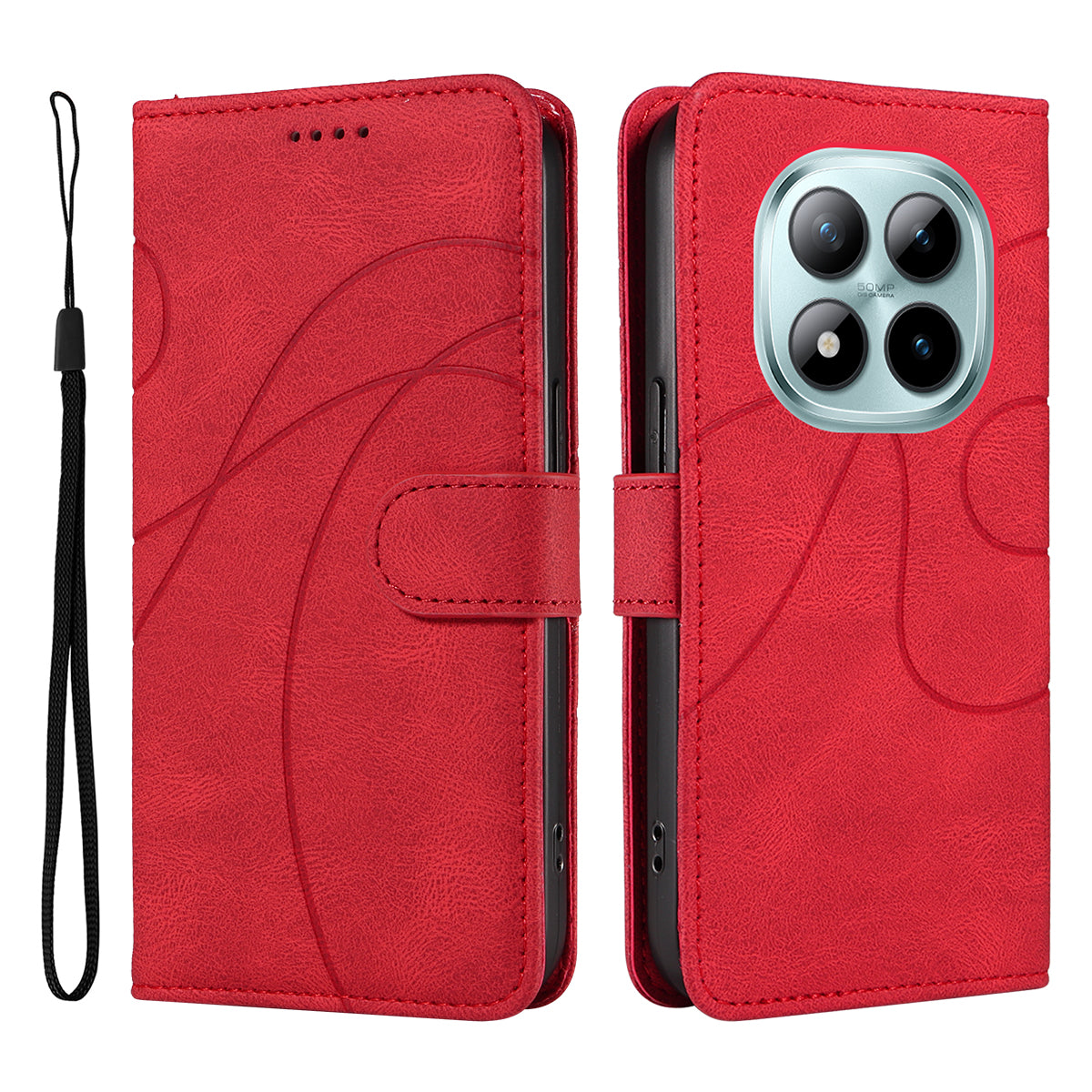 For Xiaomi Poco M8 Pro 5G / Redmi Note 15 Pro+ 5G (Global) Wallet Case Leather Phone Cover Stand with Curved Line Design - Red