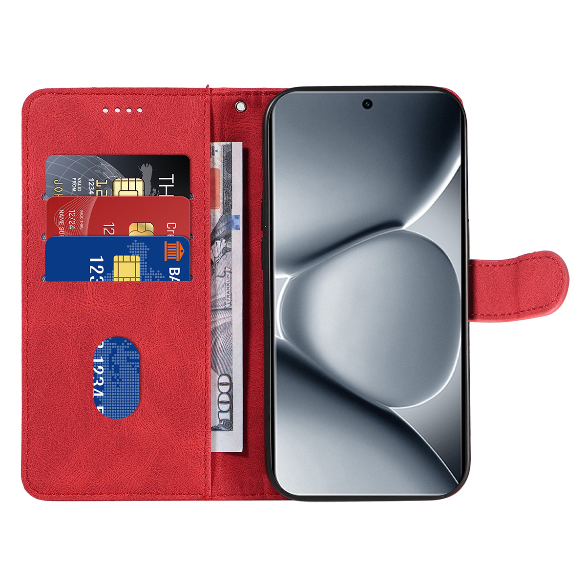 For Xiaomi Poco M8 Pro 5G / Redmi Note 15 Pro+ 5G (Global) Wallet Case Leather Phone Cover Stand with Curved Line Design - Red
