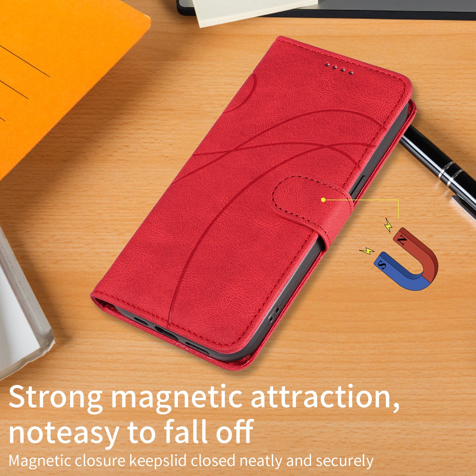 For Xiaomi Poco M8 Pro 5G / Redmi Note 15 Pro+ 5G (Global) Wallet Case Leather Phone Cover Stand with Curved Line Design - Red