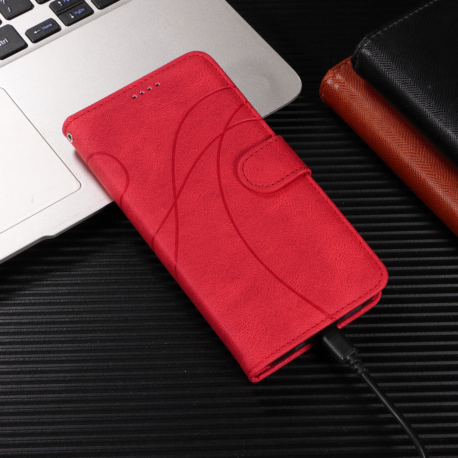 For Xiaomi Poco M8 Pro 5G / Redmi Note 15 Pro+ 5G (Global) Wallet Case Leather Phone Cover Stand with Curved Line Design - Red