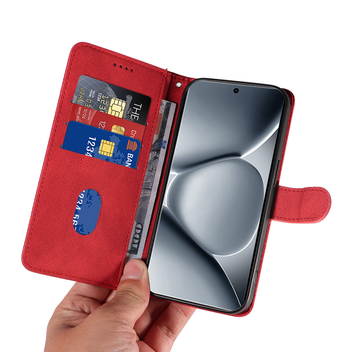 For Xiaomi Poco M8 Pro 5G / Redmi Note 15 Pro+ 5G (Global) Wallet Case Leather Phone Cover Stand with Curved Line Design - Red