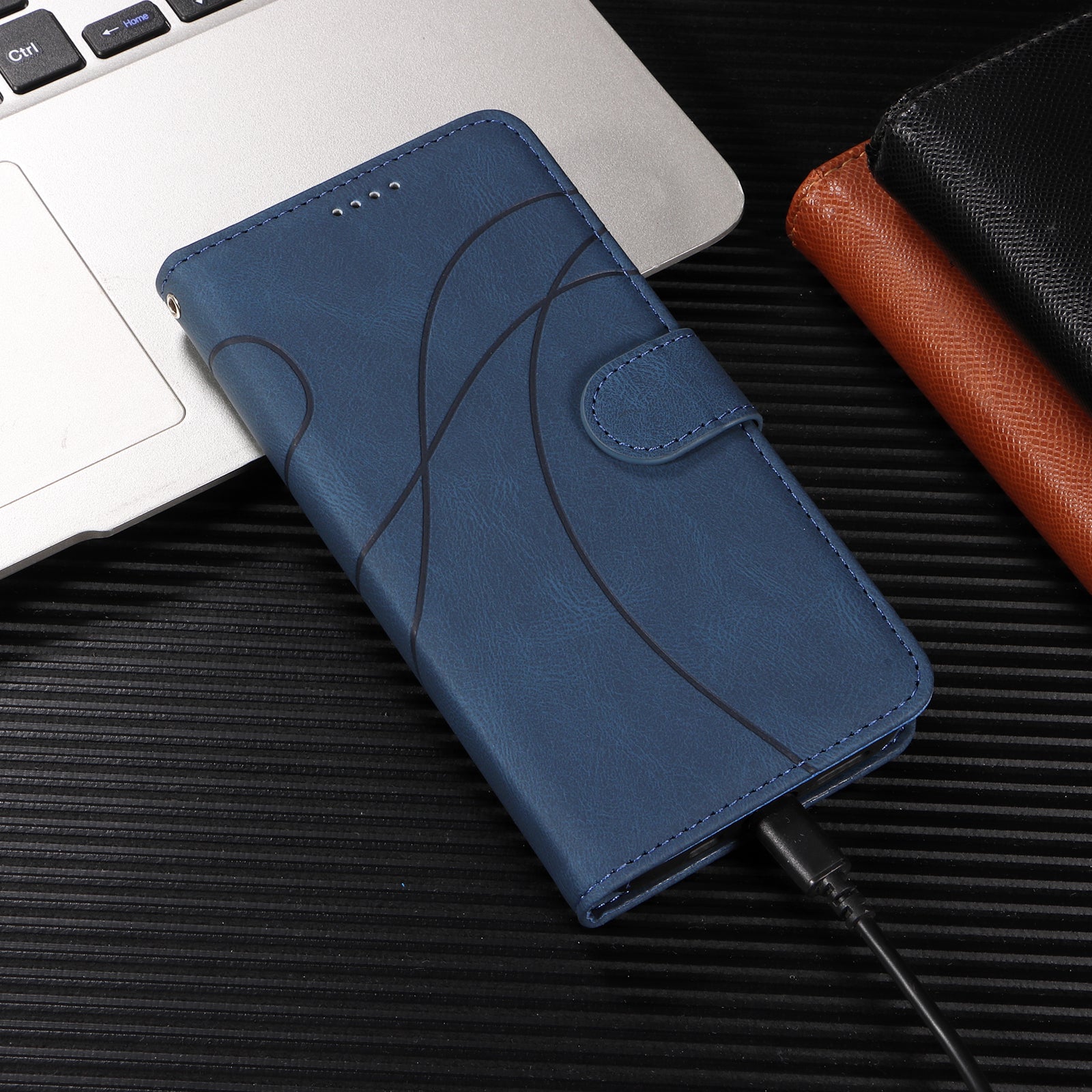 For Xiaomi Poco M8 Pro 5G / Redmi Note 15 Pro+ 5G (Global) Wallet Case Leather Phone Cover Stand with Curved Line Design - Blue