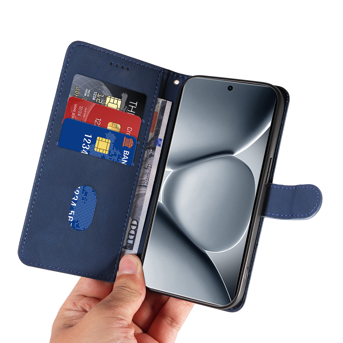 For Xiaomi Poco M8 Pro 5G / Redmi Note 15 Pro+ 5G (Global) Wallet Case Leather Phone Cover Stand with Curved Line Design - Blue