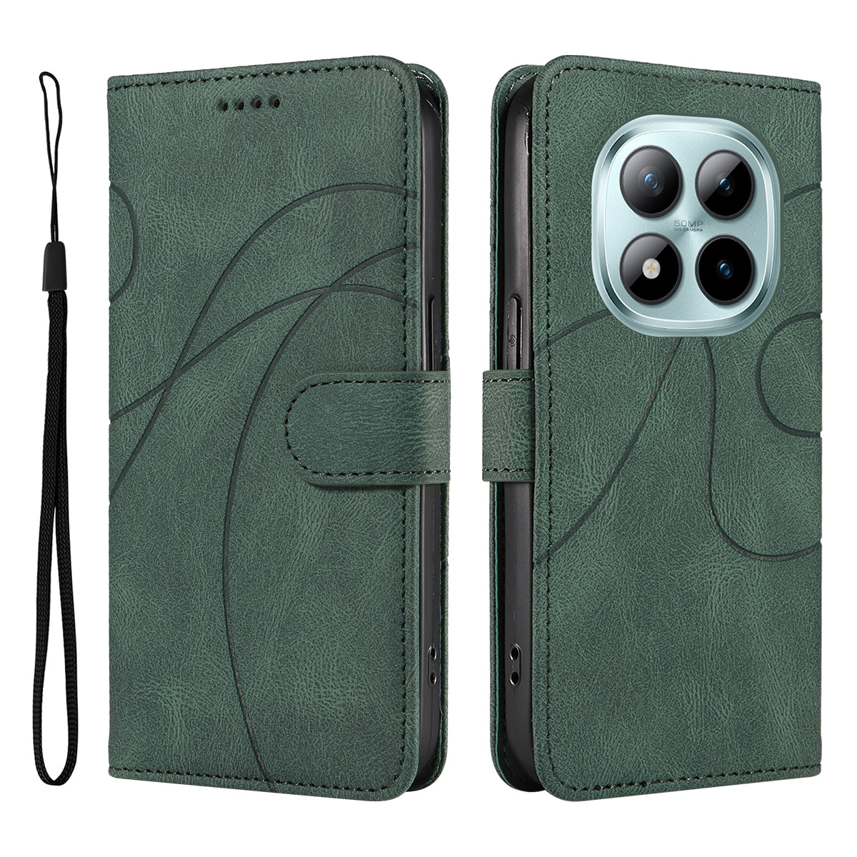 For Xiaomi Poco M8 Pro 5G / Redmi Note 15 Pro+ 5G (Global) Wallet Case Leather Phone Cover Stand with Curved Line Design - Green