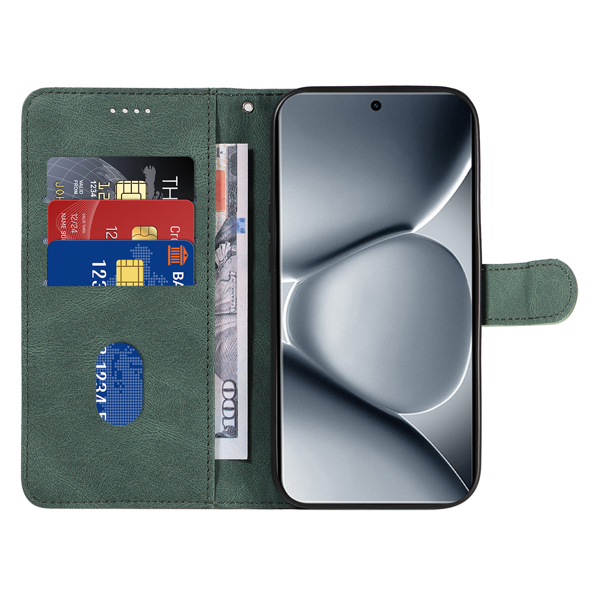 For Xiaomi Poco M8 Pro 5G / Redmi Note 15 Pro+ 5G (Global) Wallet Case Leather Phone Cover Stand with Curved Line Design - Green