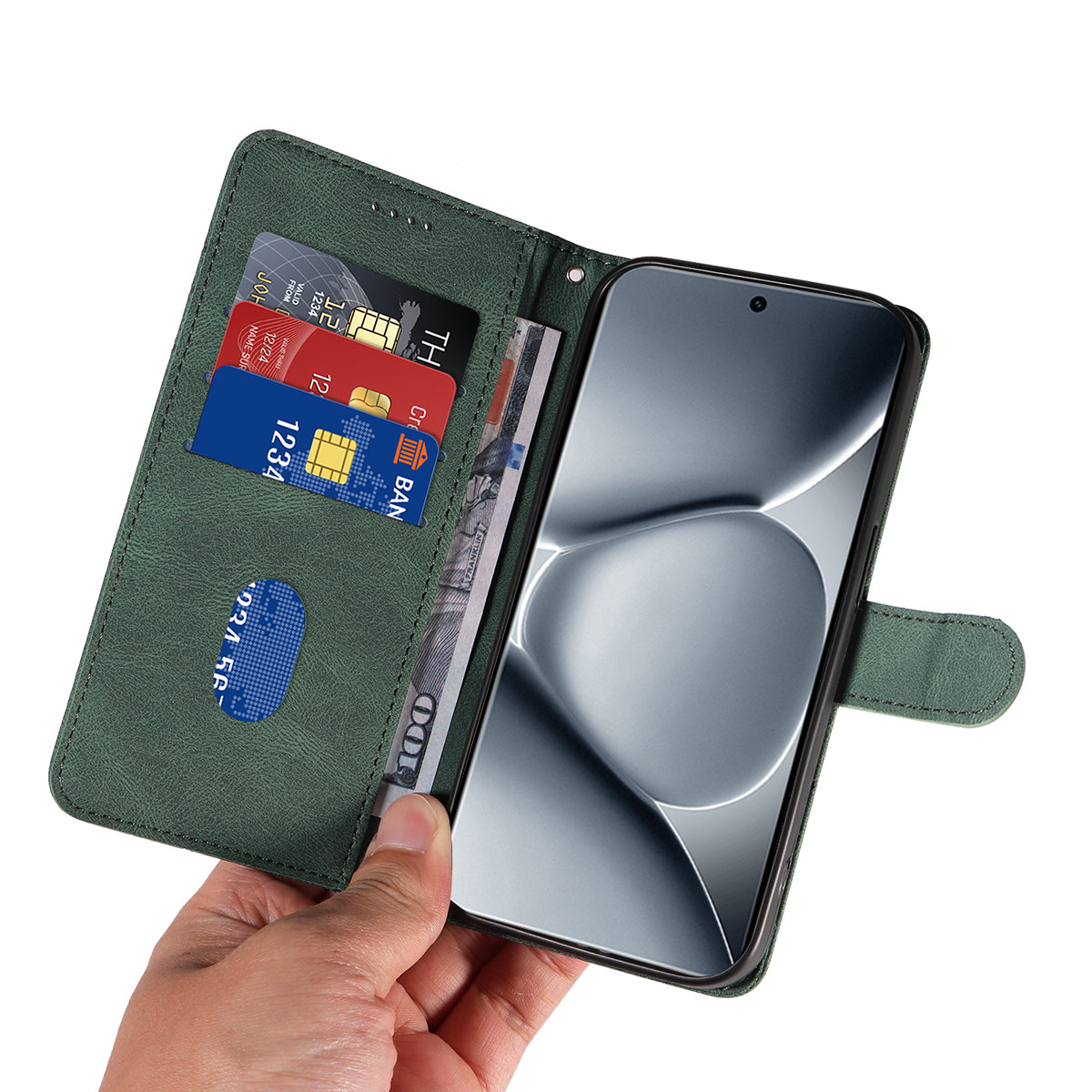 For Xiaomi Poco M8 Pro 5G / Redmi Note 15 Pro+ 5G (Global) Wallet Case Leather Phone Cover Stand with Curved Line Design - Green