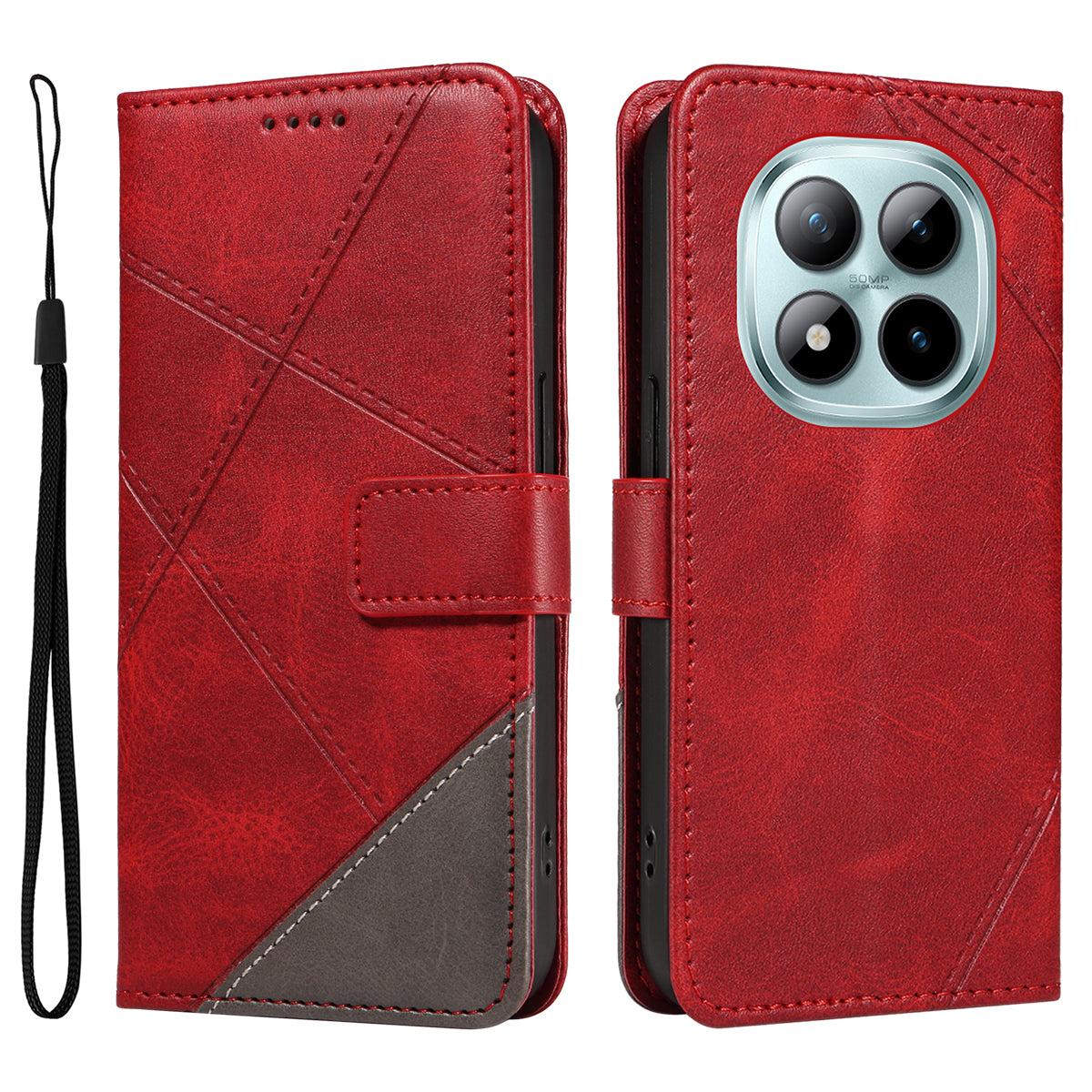 For Xiaomi Poco M8 Pro 5G / Redmi Note 15 Pro+ 5G (Global) Leather Case Geometric Line Design Wallet Phone Cover with Wrist Strap - Red