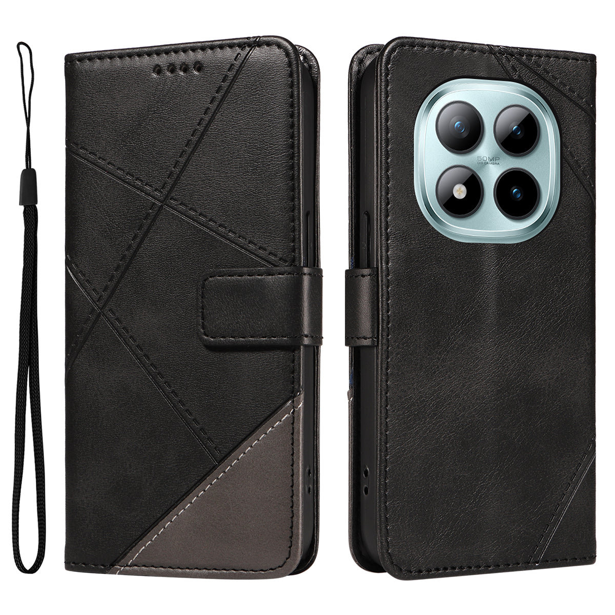 For Xiaomi Poco M8 Pro 5G / Redmi Note 15 Pro+ 5G (Global) Leather Case Geometric Line Design Wallet Phone Cover with Wrist Strap - Black