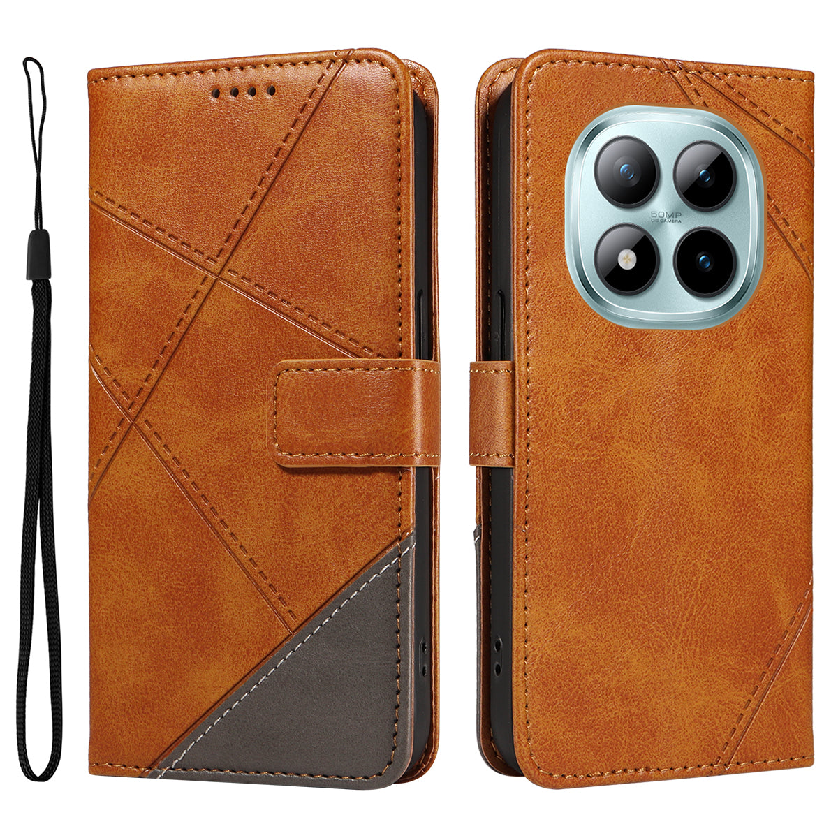 For Xiaomi Poco M8 Pro 5G / Redmi Note 15 Pro+ 5G (Global) Leather Case Geometric Line Design Wallet Phone Cover with Wrist Strap - Brown