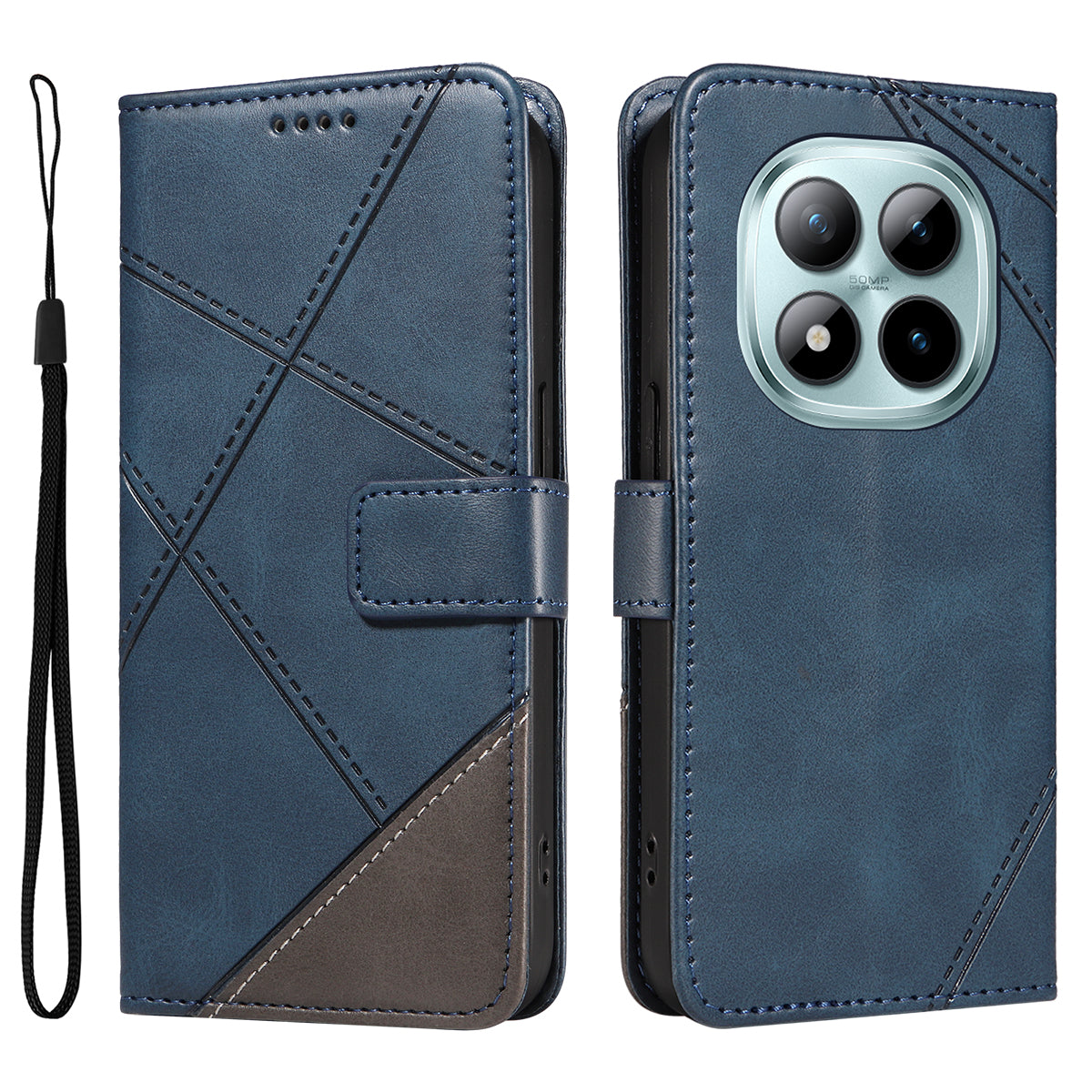 For Xiaomi Poco M8 Pro 5G / Redmi Note 15 Pro+ 5G (Global) Leather Case Geometric Line Design Wallet Phone Cover with Wrist Strap - Blue