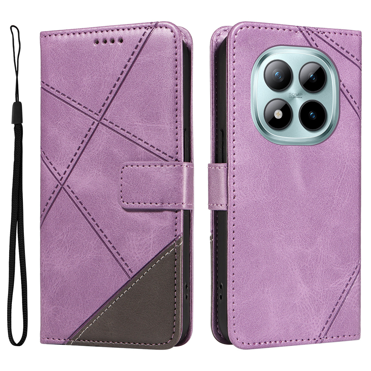 For Xiaomi Poco M8 Pro 5G / Redmi Note 15 Pro+ 5G (Global) Leather Case Geometric Line Design Wallet Phone Cover with Wrist Strap - Purple