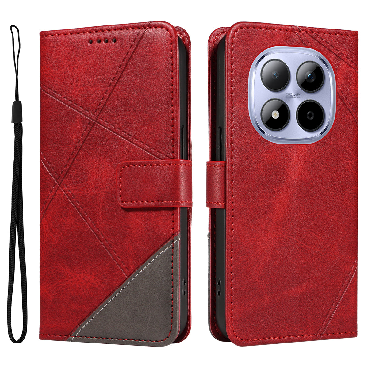 For Xiaomi Redmi Note 15 Pro 5G (Global) Leather Case Geometric Line Design Wallet Phone Cover with Wrist Strap - Red