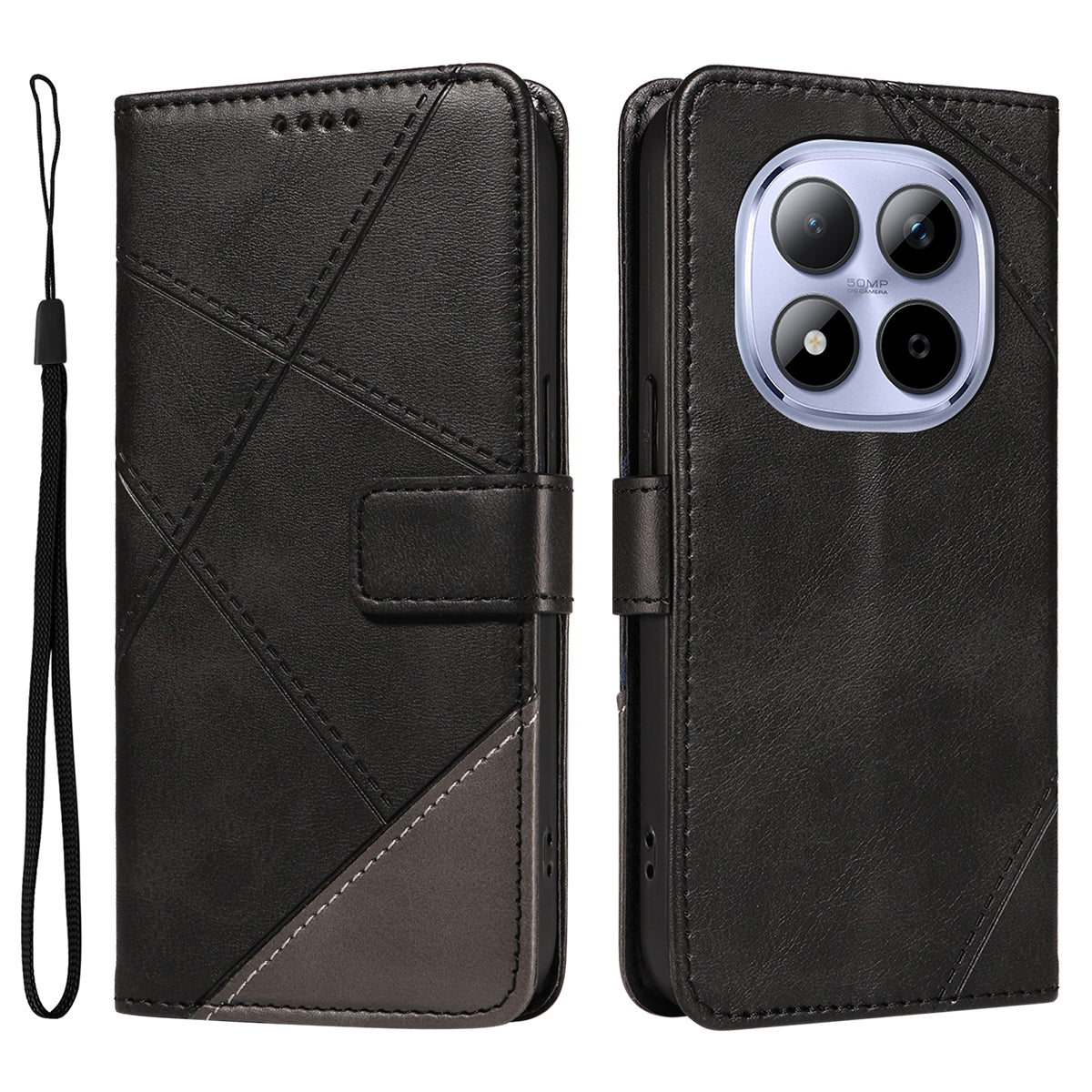 For Xiaomi Redmi Note 15 Pro 5G (Global) Leather Case Geometric Line Design Wallet Phone Cover with Wrist Strap - Black
