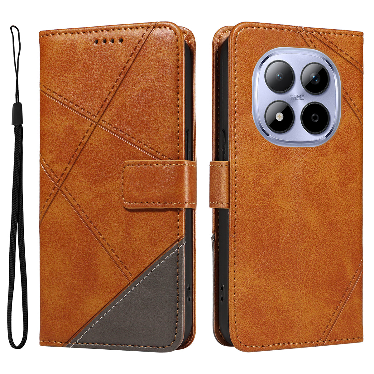 For Xiaomi Redmi Note 15 Pro 5G (Global) Leather Case Geometric Line Design Wallet Phone Cover with Wrist Strap - Brown