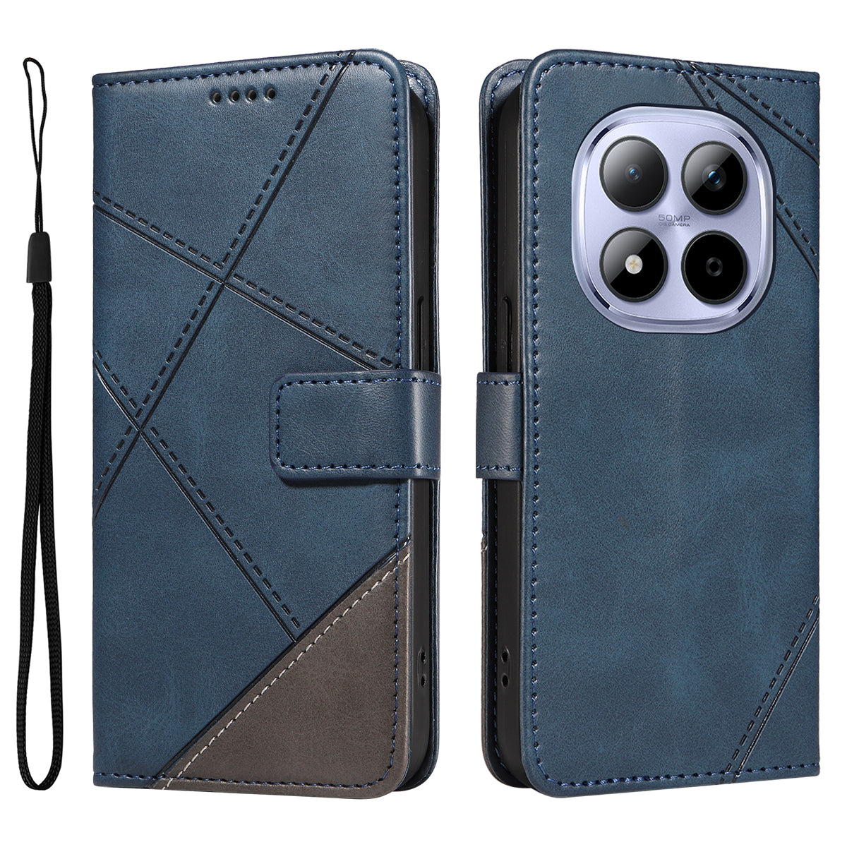 For Xiaomi Redmi Note 15 Pro 5G (Global) Leather Case Geometric Line Design Wallet Phone Cover with Wrist Strap - Blue