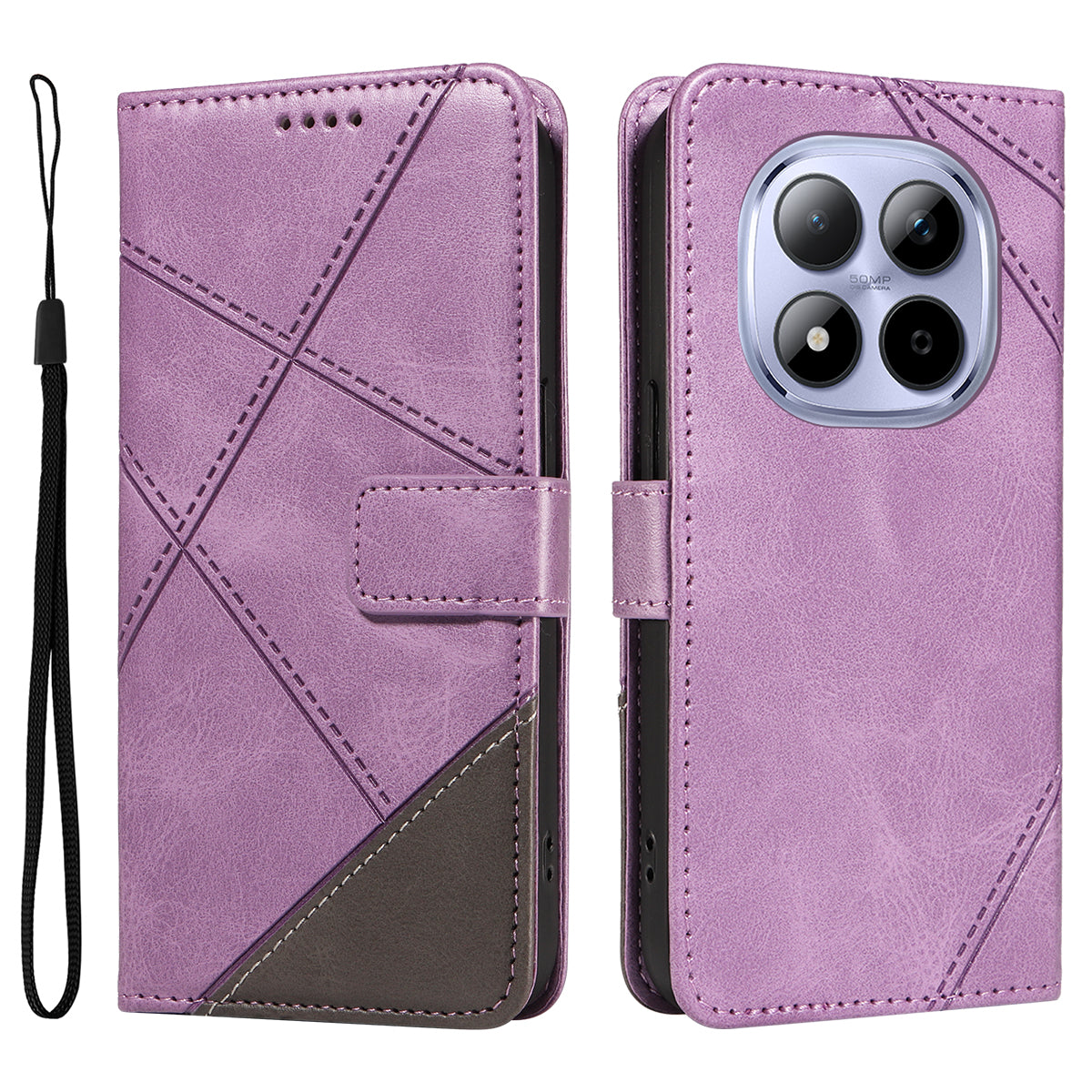 For Xiaomi Redmi Note 15 Pro 5G (Global) Leather Case Geometric Line Design Wallet Phone Cover with Wrist Strap - Purple