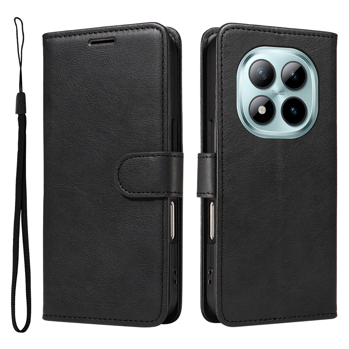 For Xiaomi Poco M8 Pro 5G / Redmi Note 15 Pro+ 5G (Global) Leather Wallet Case with Strap Solid Color Phone Stand Cover - Black