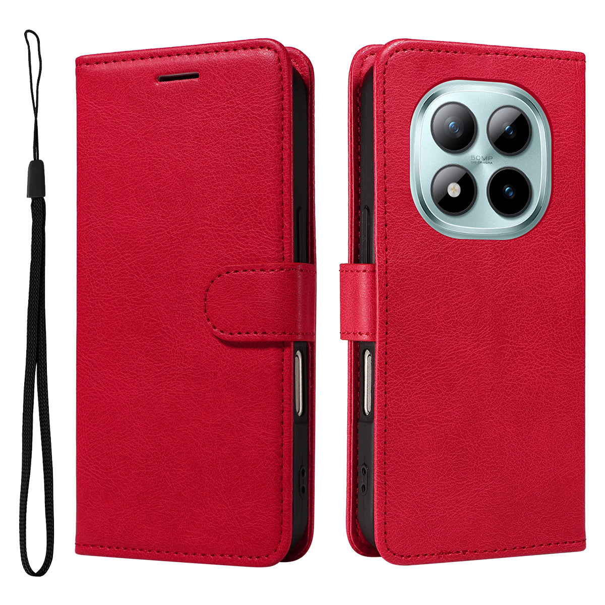 For Xiaomi Poco M8 Pro 5G / Redmi Note 15 Pro+ 5G (Global) Leather Wallet Case with Strap Solid Color Phone Stand Cover - Red