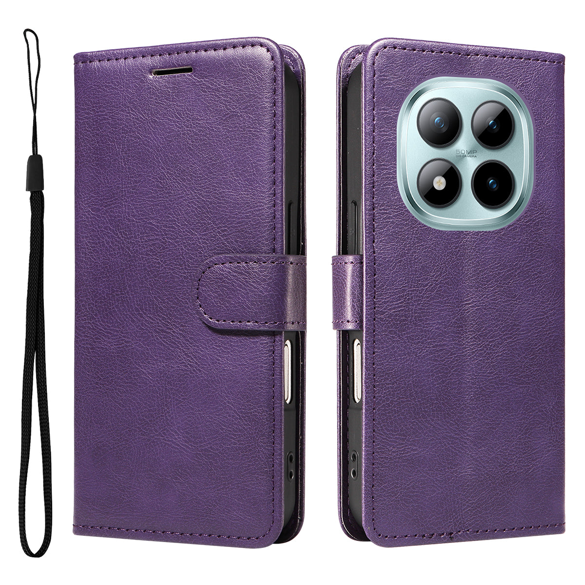 For Xiaomi Poco M8 Pro 5G / Redmi Note 15 Pro+ 5G (Global) Leather Wallet Case with Strap Solid Color Phone Stand Cover - Purple