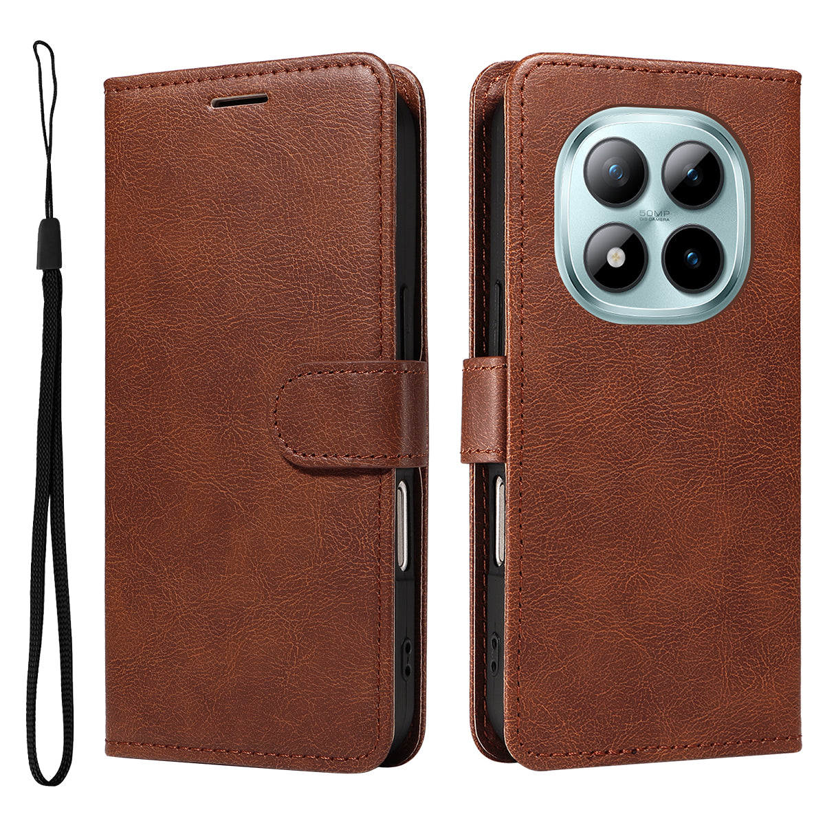 For Xiaomi Poco M8 Pro 5G / Redmi Note 15 Pro+ 5G (Global) Leather Wallet Case with Strap Solid Color Phone Stand Cover - Brown