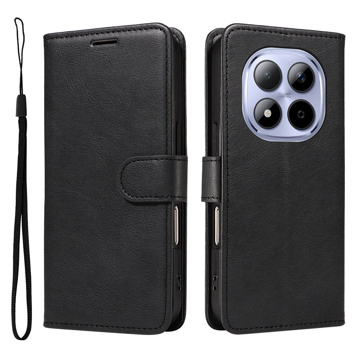 For Xiaomi Redmi Note 15 Pro 5G (Global) Leather Wallet Case with Strap Solid Color Phone Stand Cover - Black