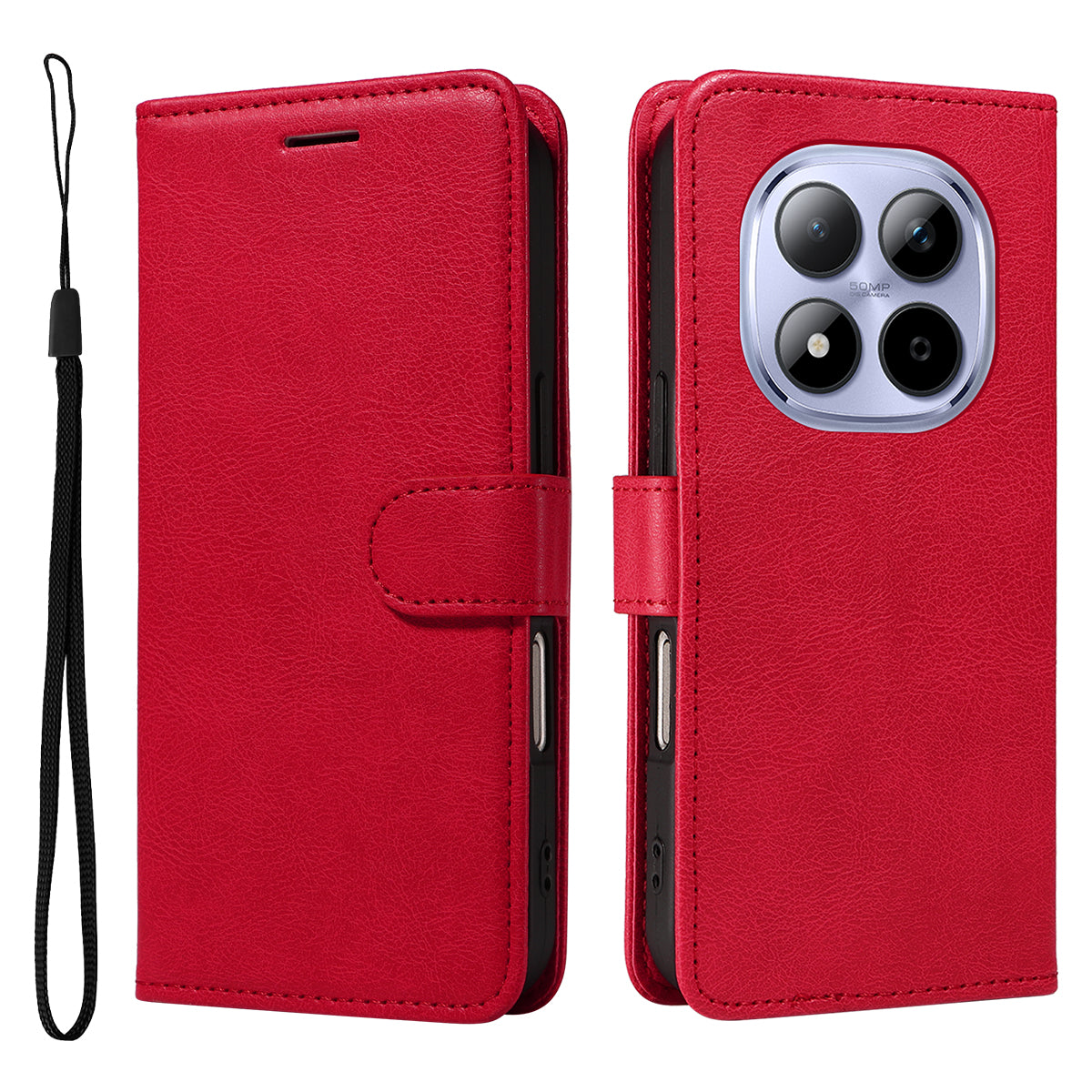 For Xiaomi Redmi Note 15 Pro 5G (Global) Leather Wallet Case with Strap Solid Color Phone Stand Cover - Red