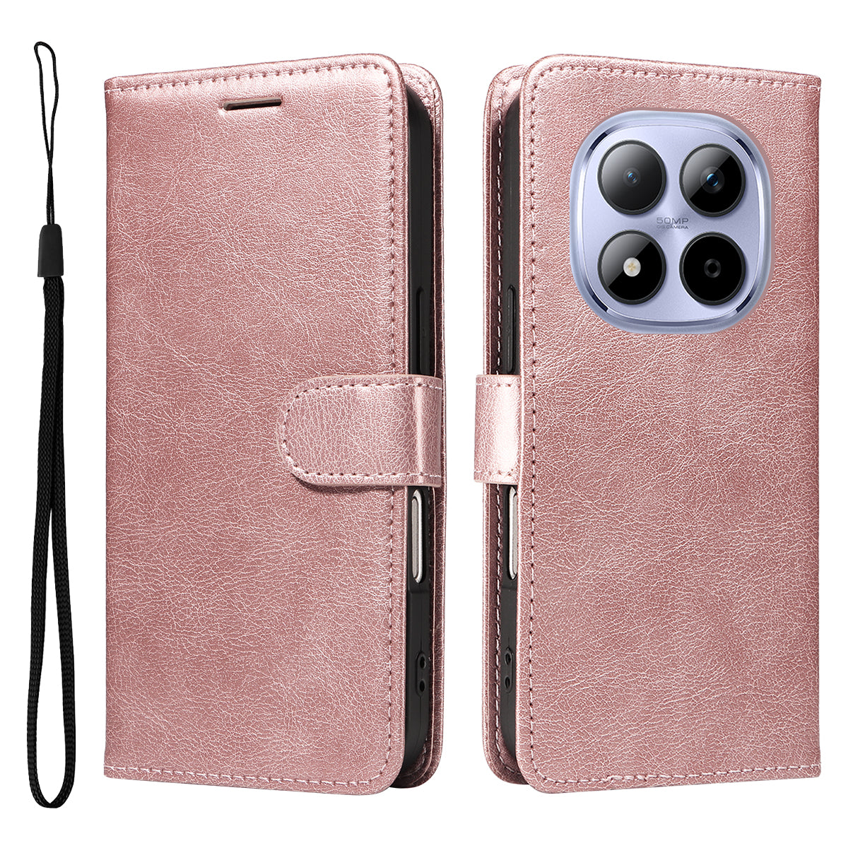 For Xiaomi Redmi Note 15 Pro 5G (Global) Leather Wallet Case with Strap Solid Color Phone Stand Cover - Rose Gold